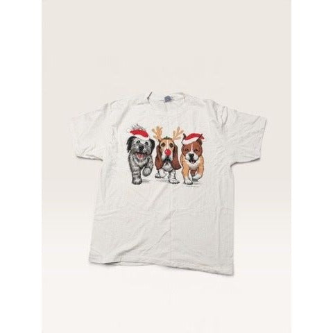 Hanes Men's L Shirt White Dogs Santa Hats Graphic Single Stitch 1995 VIntage