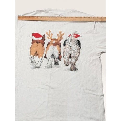 Hanes Men's L Shirt White Dogs Santa Hats Graphic Single Stitch 1995 VIntage