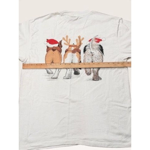 Hanes Men's L Shirt White Dogs Santa Hats Graphic Single Stitch 1995 VIntage