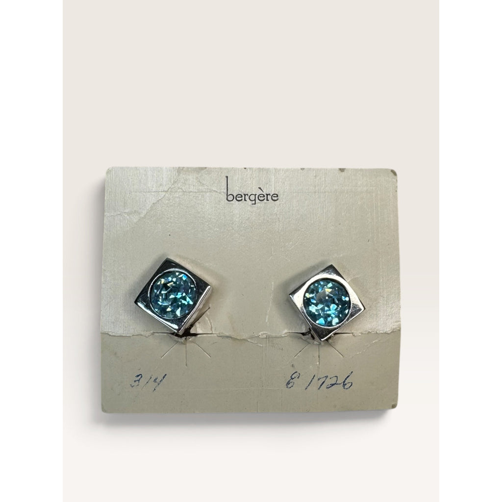 Bergere Aqua Blue Crystal Rhinestone Square Clip On Earrings Original Card