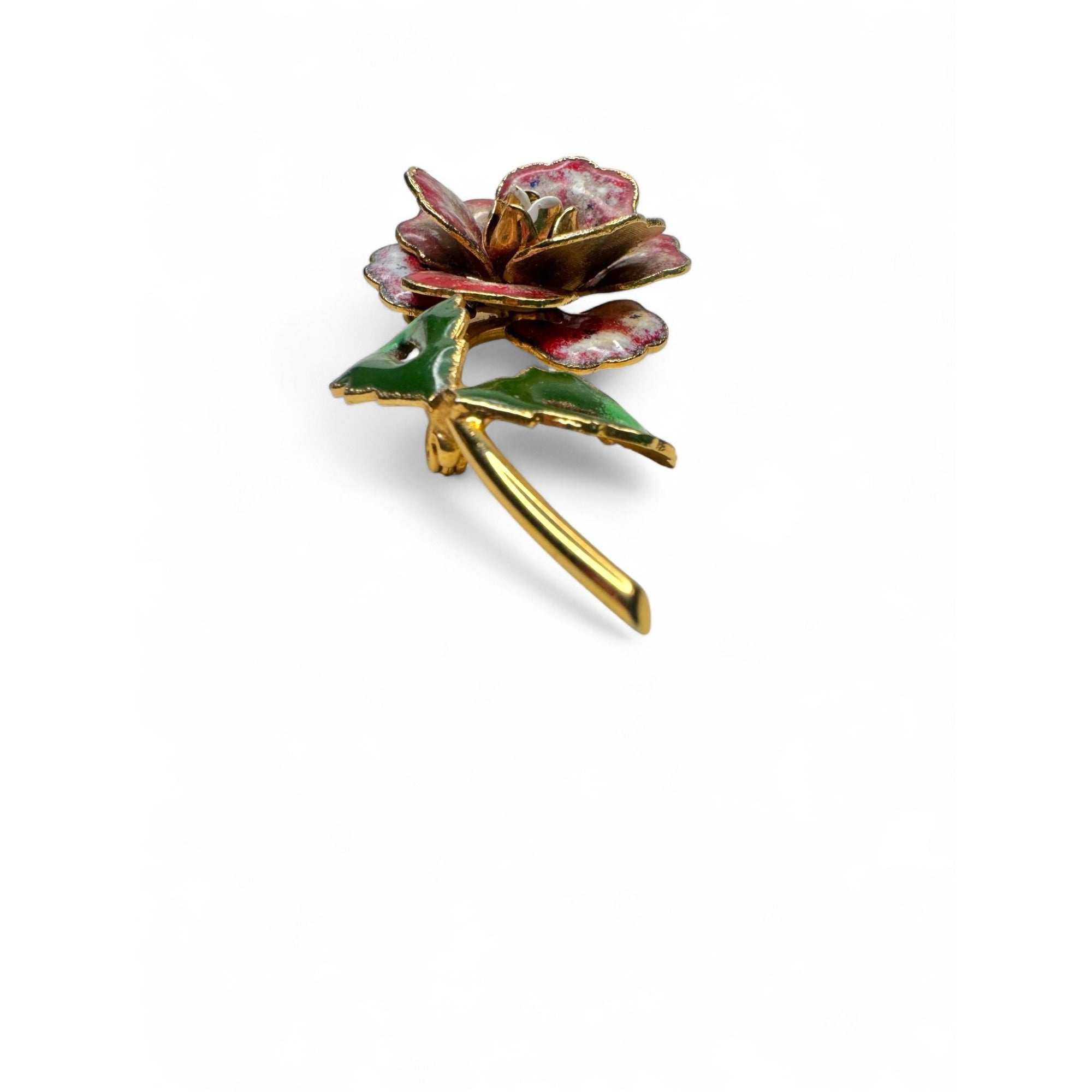 Vintage Red Green Enameled Layered Flower Brooch Clip-On Earrings Set