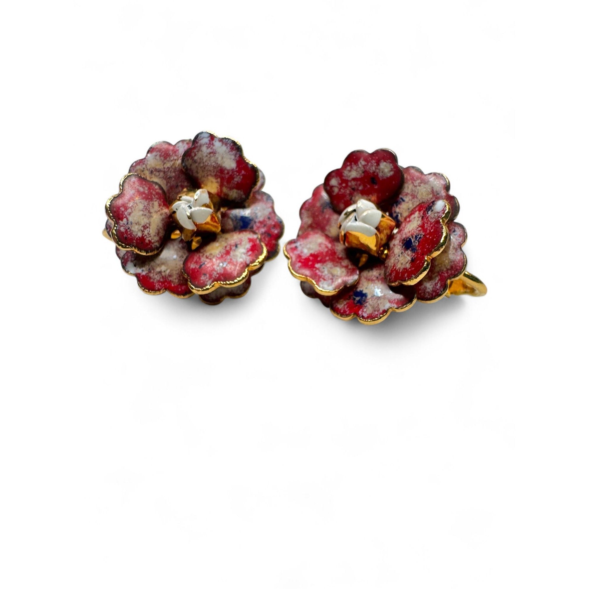 Vintage Red Green Enameled Layered Flower Brooch Clip-On Earrings Set