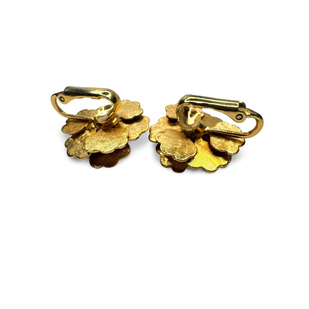 Vintage Red Green Enameled Layered Flower Brooch Clip-On Earrings Set