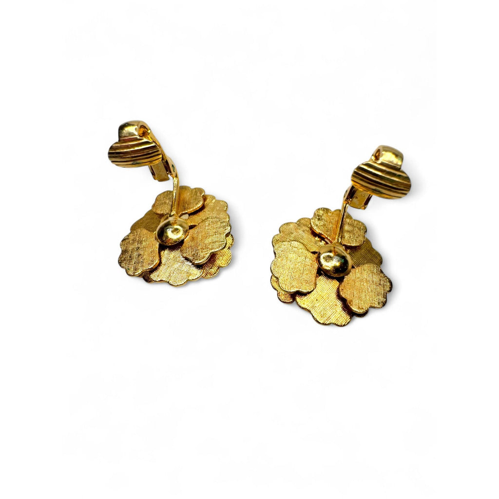 Vintage Red Green Enameled Layered Flower Brooch Clip-On Earrings Set