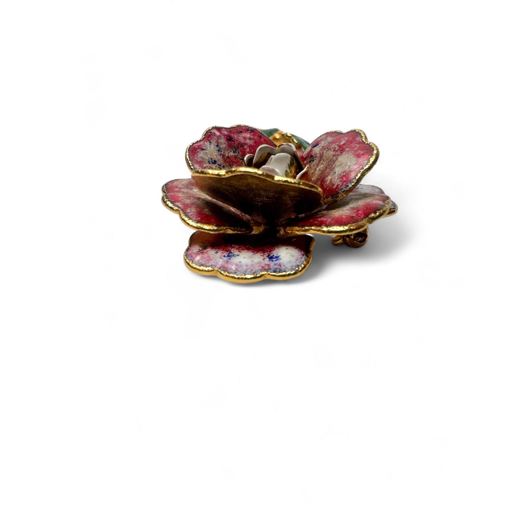 Vintage Red Green Enameled Layered Flower Brooch Clip-On Earrings Set