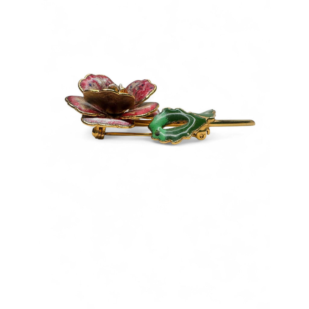 Vintage Red Green Enameled Layered Flower Brooch Clip-On Earrings Set