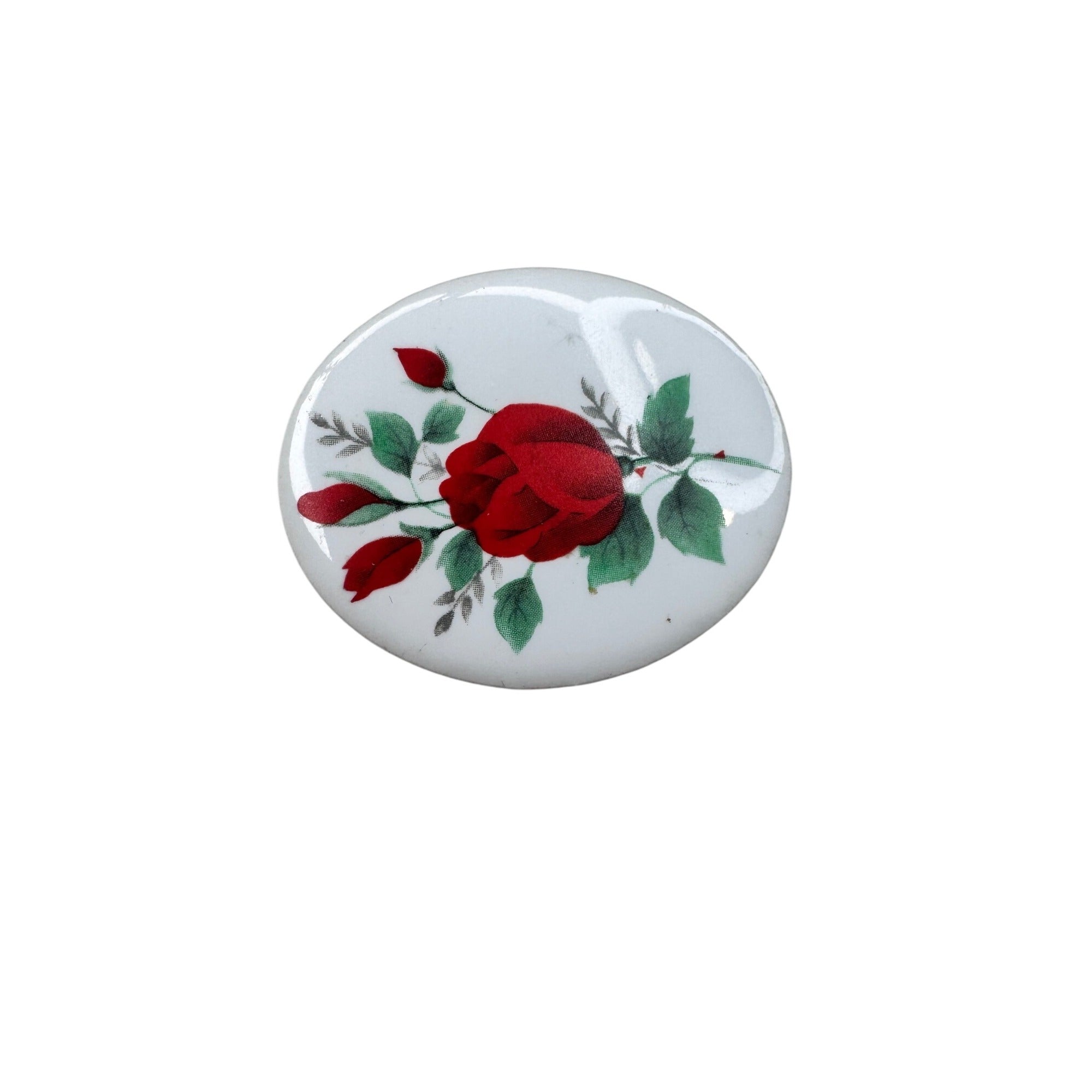 Japan Brooch White Porcelain Red Rose Floral Oval 1960s Vintage