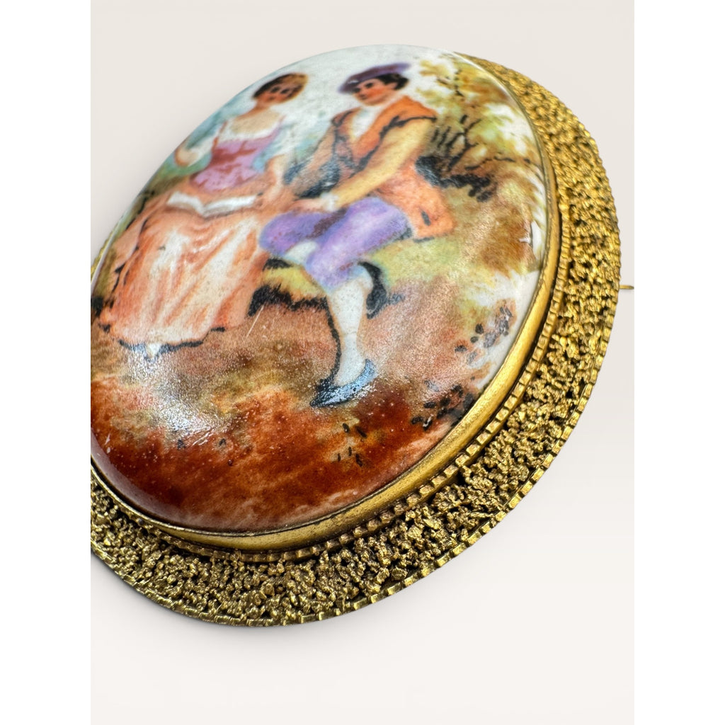 1930s Courting Couple Porcelain Brooch Brass Filigree Lever Safety Catch Pin