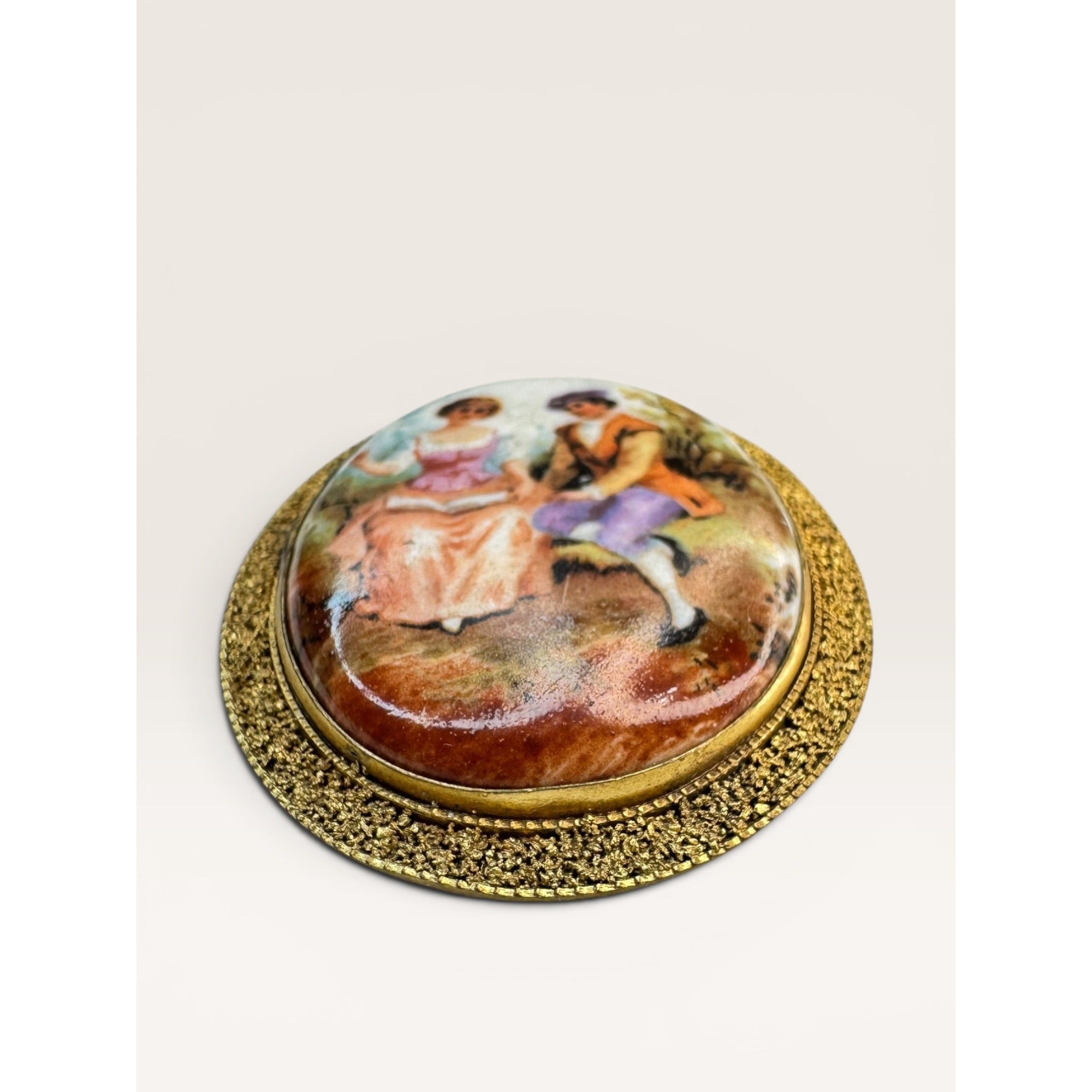 1930s Courting Couple Porcelain Brooch Brass Filigree Lever Safety Catch Pin