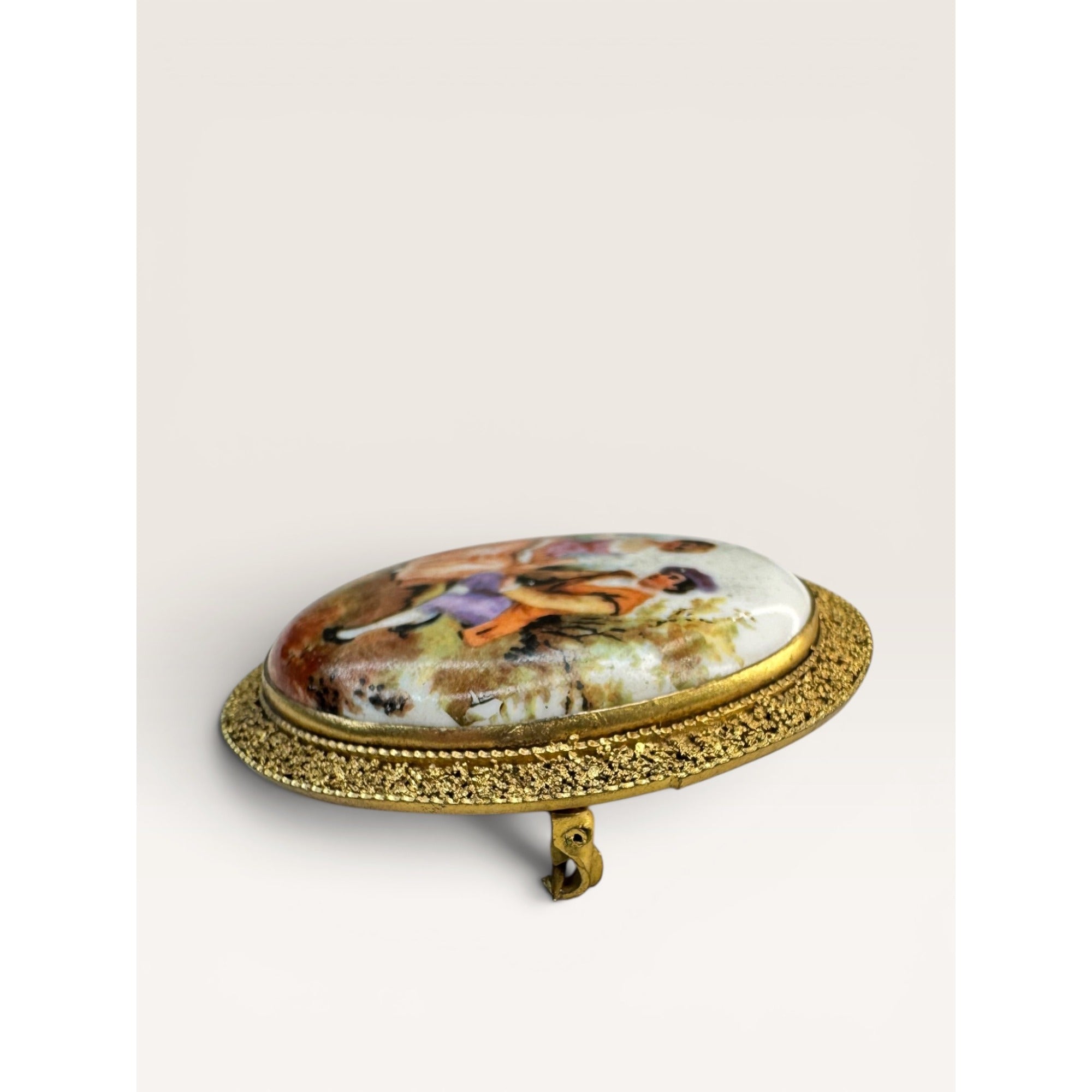 1930s Courting Couple Porcelain Brooch Brass Filigree Lever Safety Catch Pin