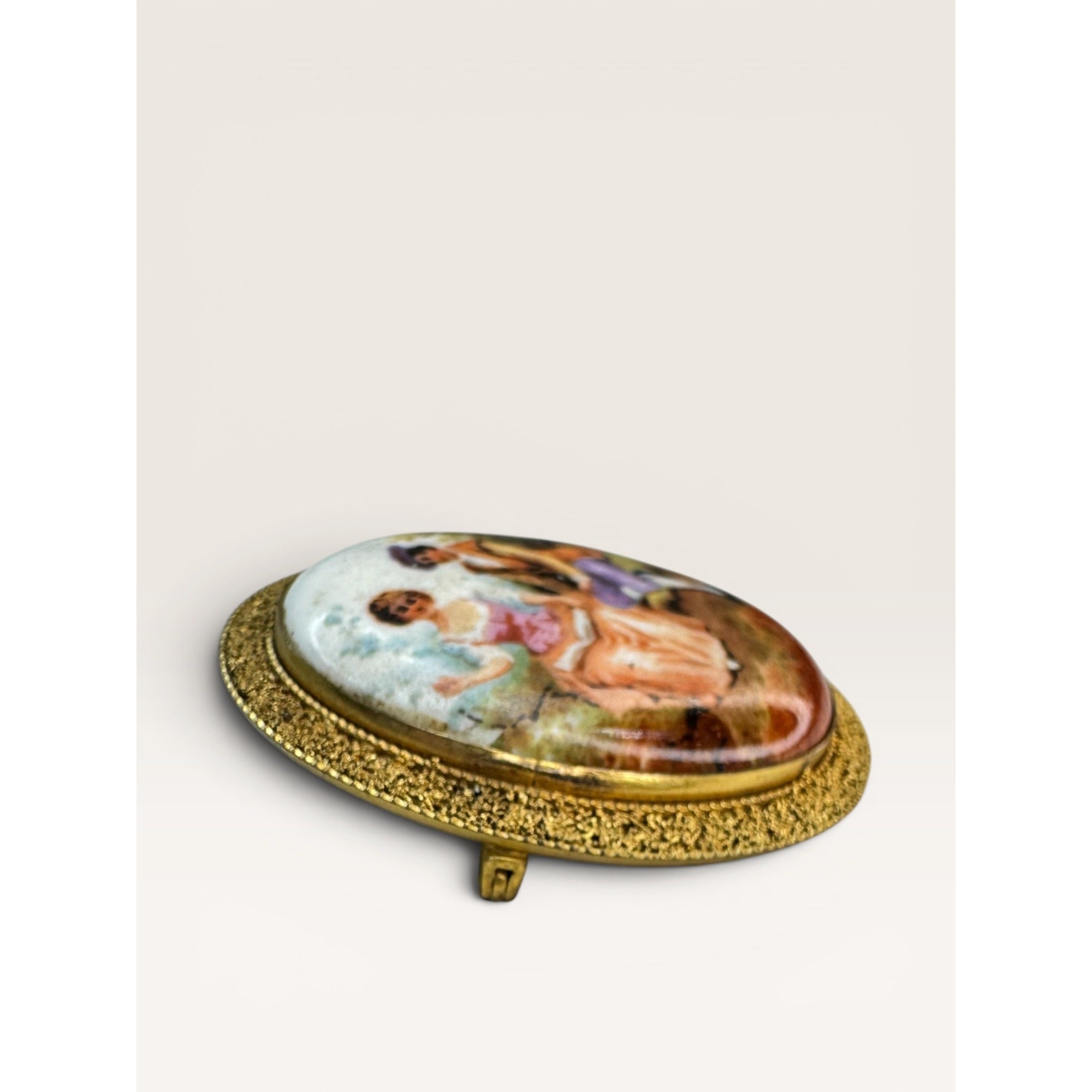 1930s Courting Couple Porcelain Brooch Brass Filigree Lever Safety Catch Pin