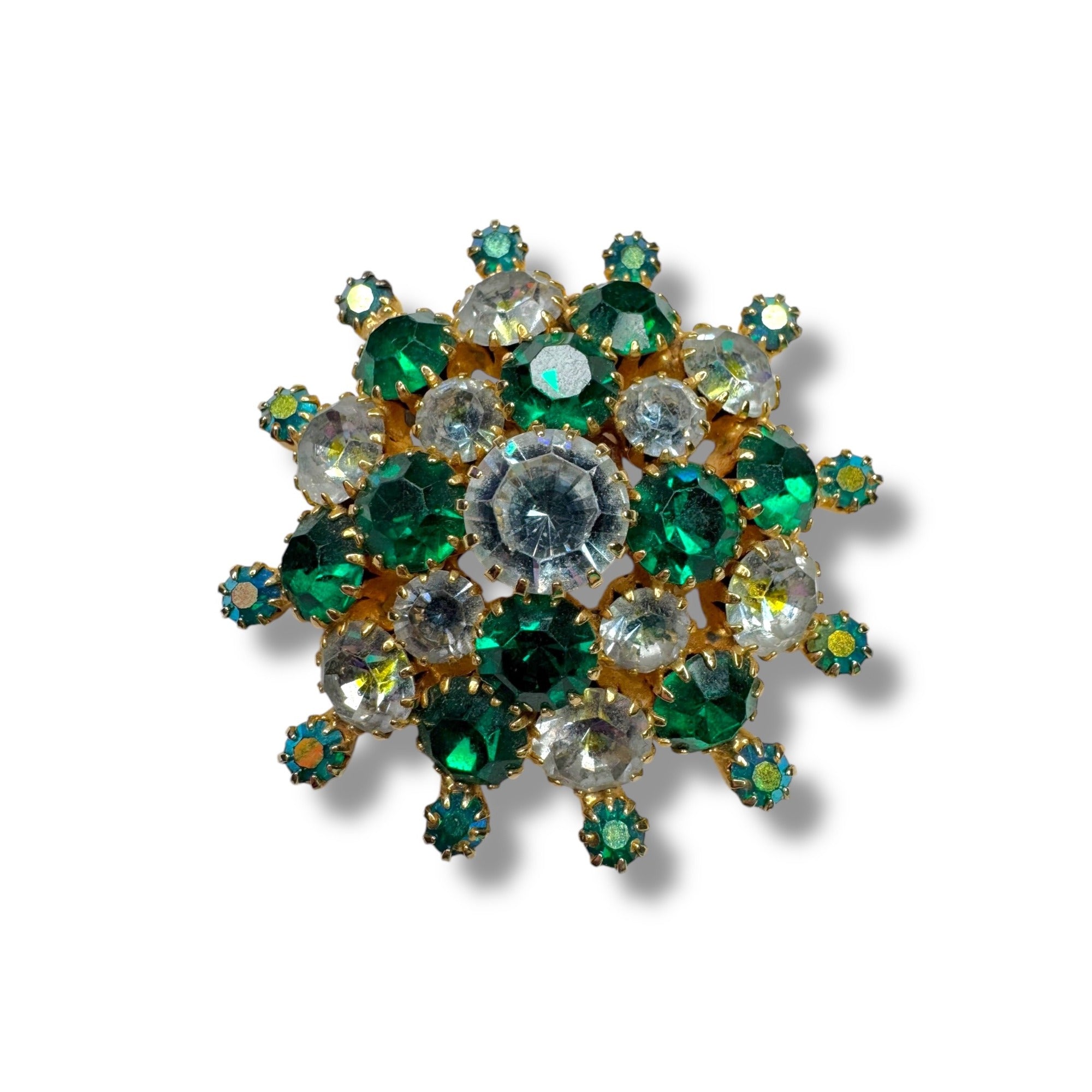 Vintage Gold Tone Brooch Green Clear Aurora Borealis Crystal Stones 2"
