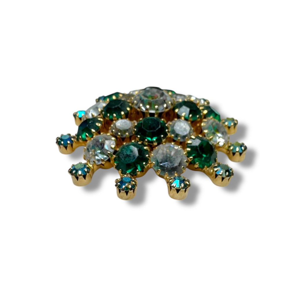 Vintage Gold Tone Brooch Green Clear Aurora Borealis Crystal Stones 2"