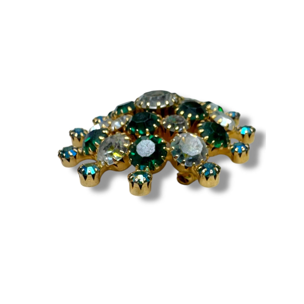 Vintage Gold Tone Brooch Green Clear Aurora Borealis Crystal Stones 2"