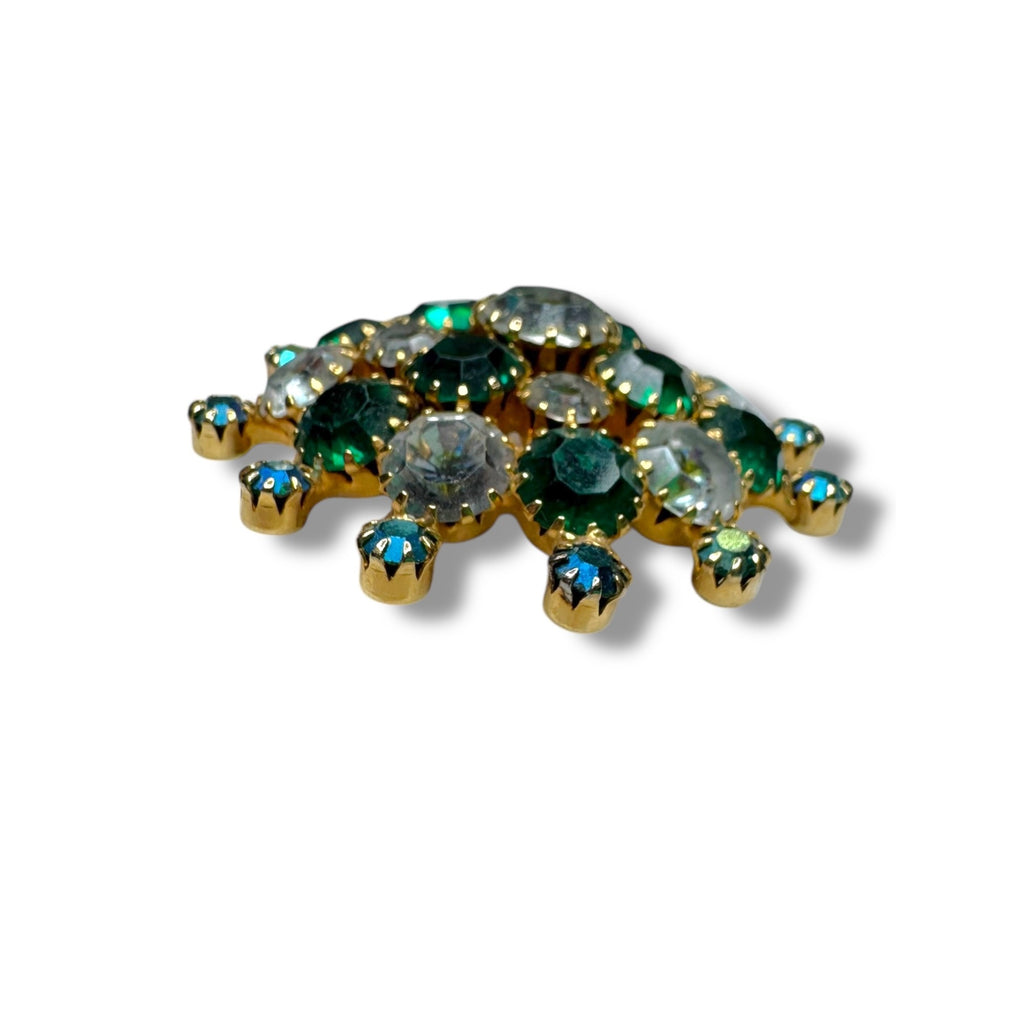 Vintage Gold Tone Brooch Green Clear Aurora Borealis Crystal Stones 2"