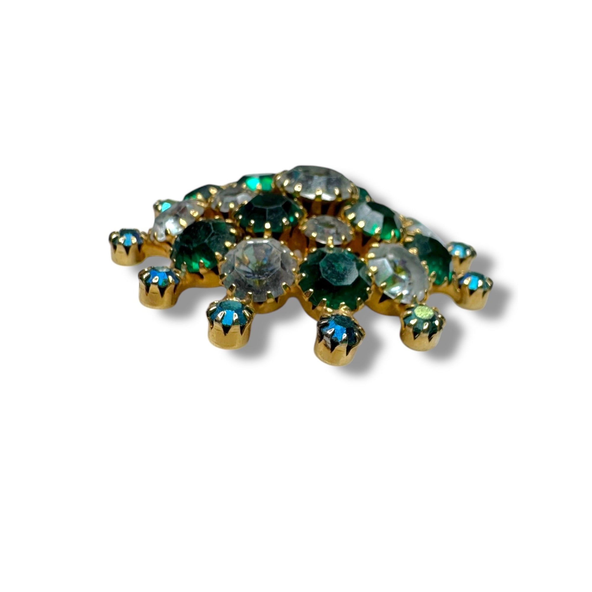 Vintage Gold Tone Brooch Green Clear Aurora Borealis Crystal Stones 2"
