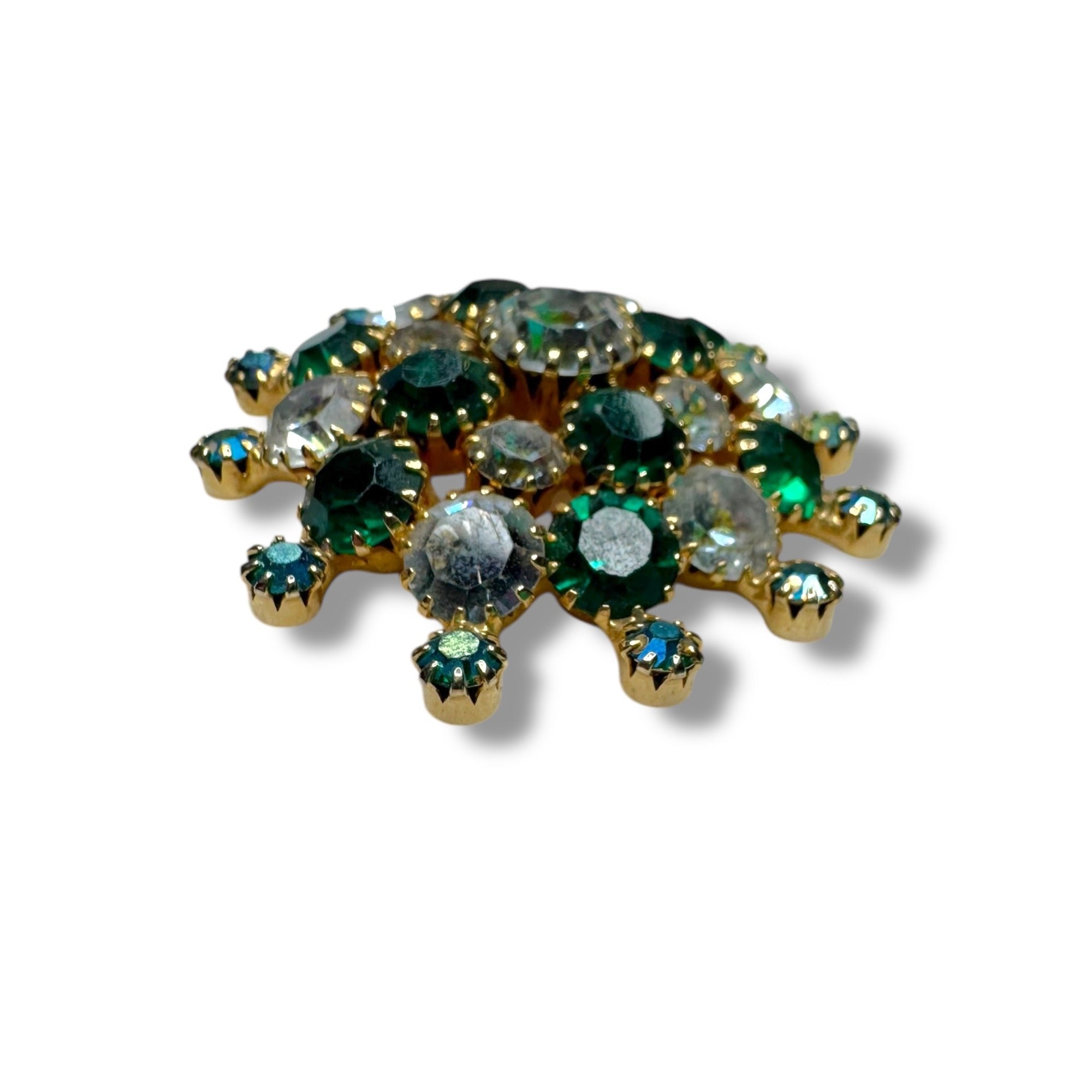 Vintage Gold Tone Brooch Green Clear Aurora Borealis Crystal Stones 2"