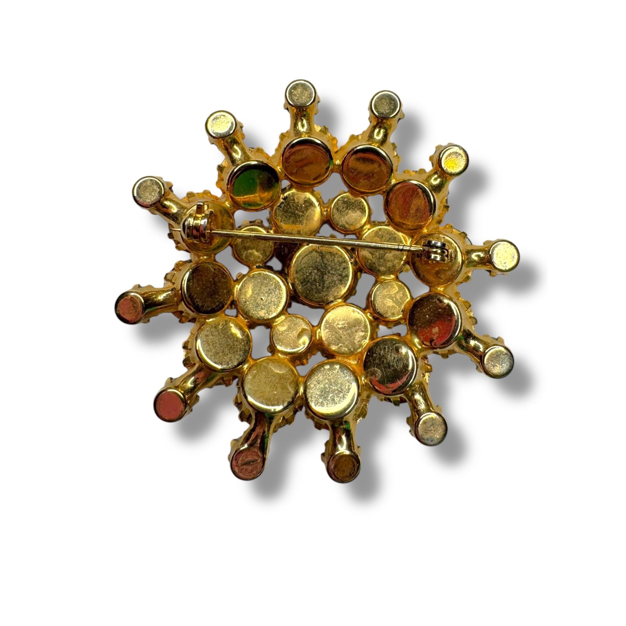 Vintage Gold Tone Brooch Green Clear Aurora Borealis Crystal Stones 2"
