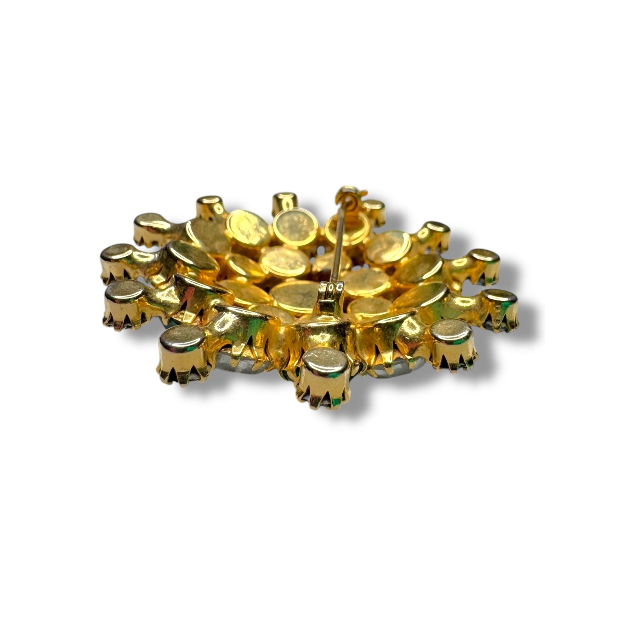 Vintage Gold Tone Brooch Green Clear Aurora Borealis Crystal Stones 2"
