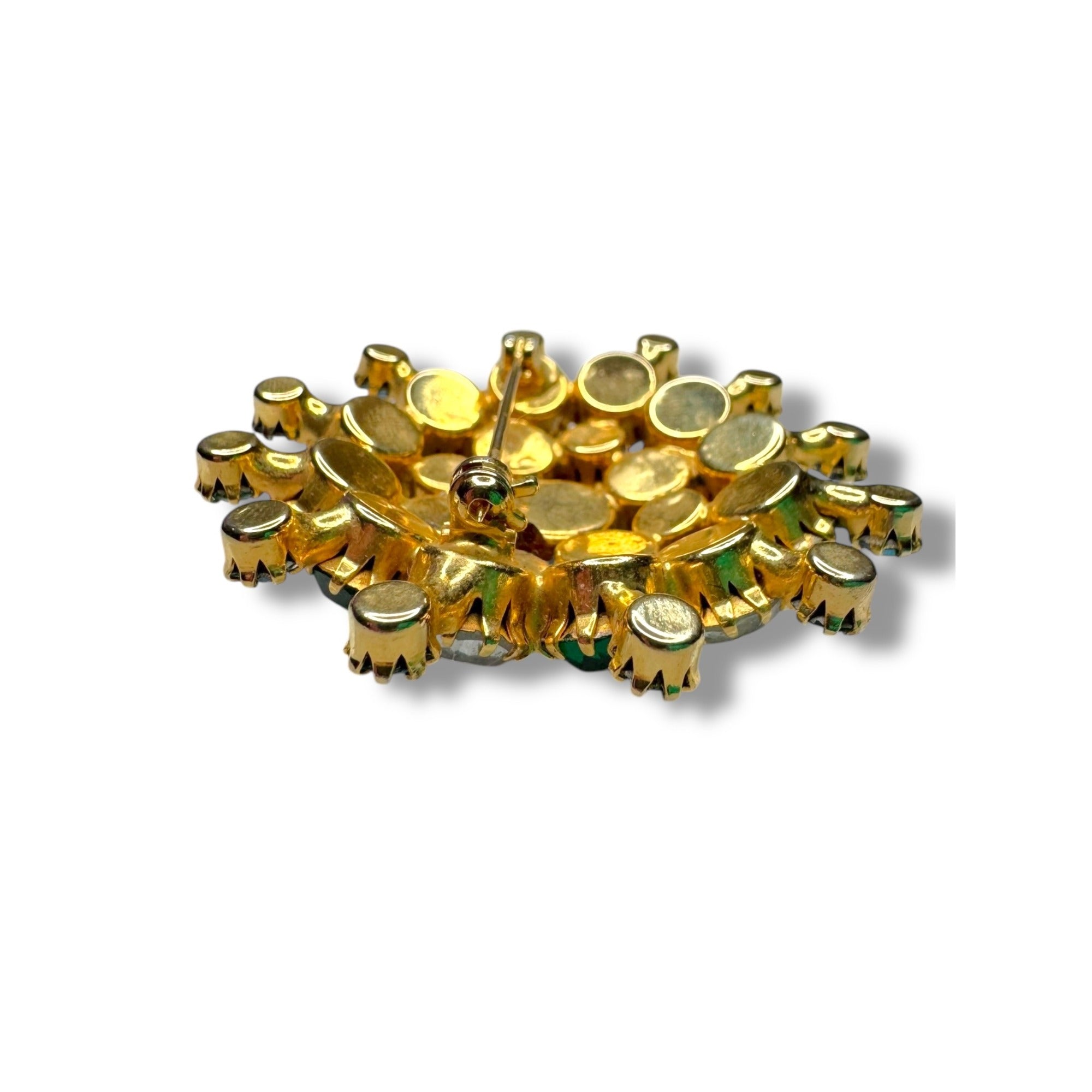 Vintage Gold Tone Brooch Green Clear Aurora Borealis Crystal Stones 2"