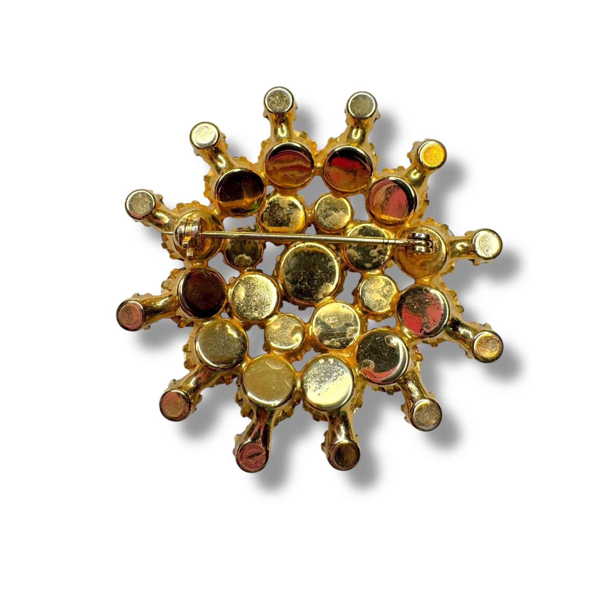Vintage Gold Tone Brooch Green Clear Aurora Borealis Crystal Stones 2"