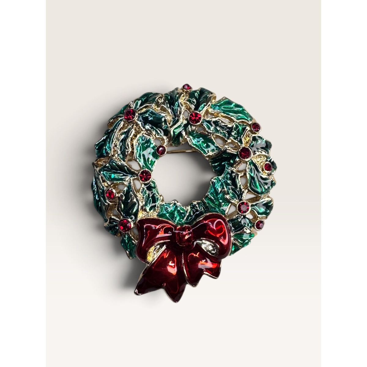 Monet Holly Wreath Christmas Brooch Pin Red Bow Enamel Vintage 1980s