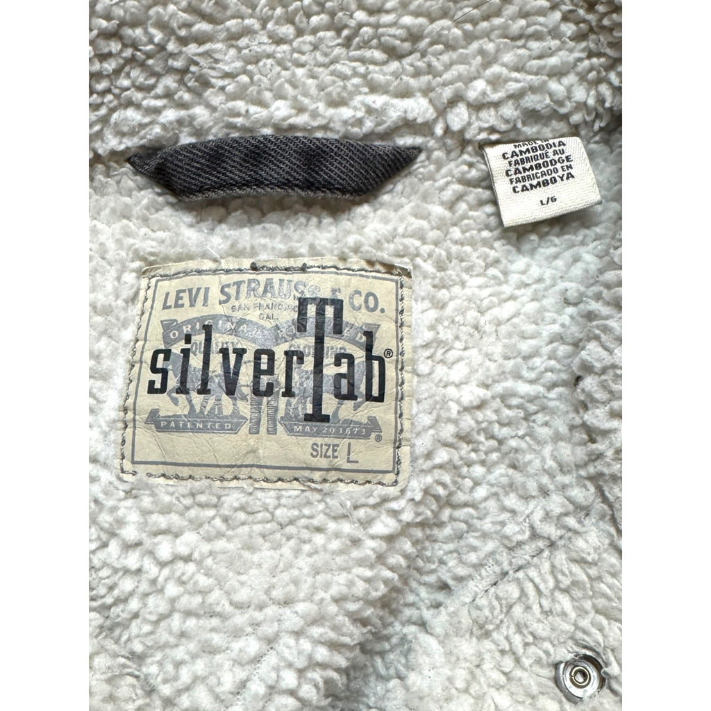 Levi's Mens Large SilverTab Faded Black Denim Sherpa Lined Trucker Jacket 90s