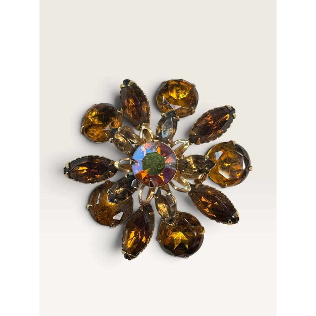 1950s Mid Century Flower Brooch Amber Topaz Rhinestone UV Reactive Glow 1.94"
