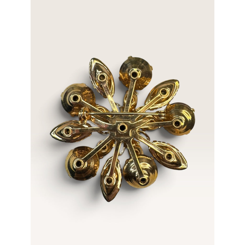 1950s Mid Century Flower Brooch Amber Topaz Rhinestone UV Reactive Glow 1.94"