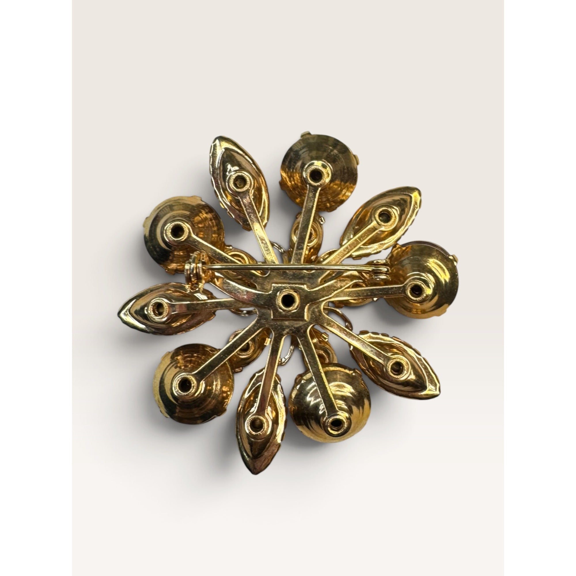 1950s Mid Century Flower Brooch Amber Topaz Rhinestone UV Reactive Glow 1.94"