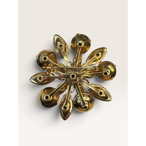 1950s Mid Century Flower Brooch Amber Topaz Rhinestone UV Reactive Glow 1.94"