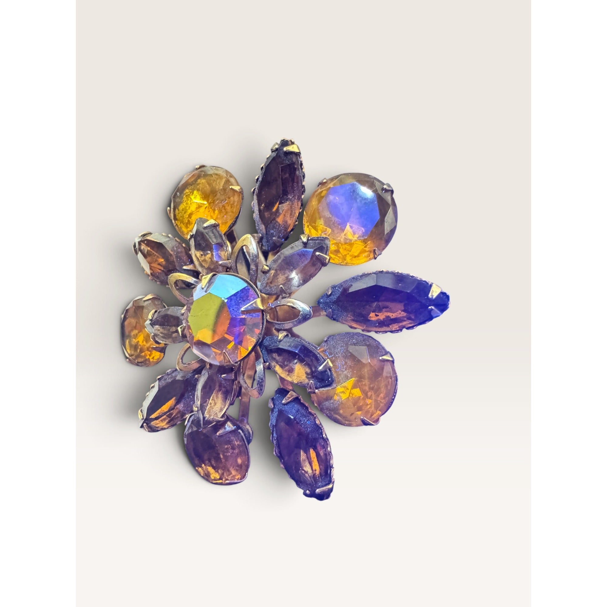 1950s Mid Century Flower Brooch Amber Topaz Rhinestone UV Reactive Glow 1.94"