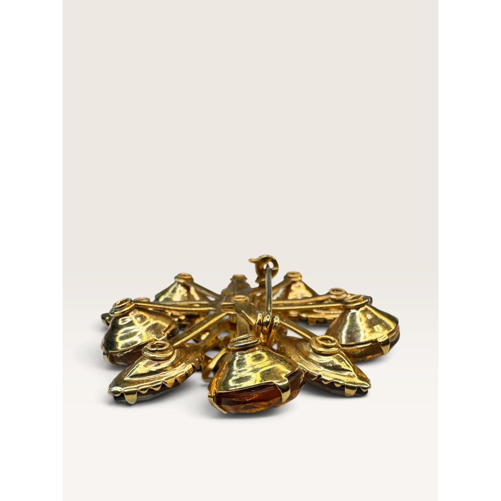 1950s Mid Century Flower Brooch Amber Topaz Rhinestone UV Reactive Glow 1.94"