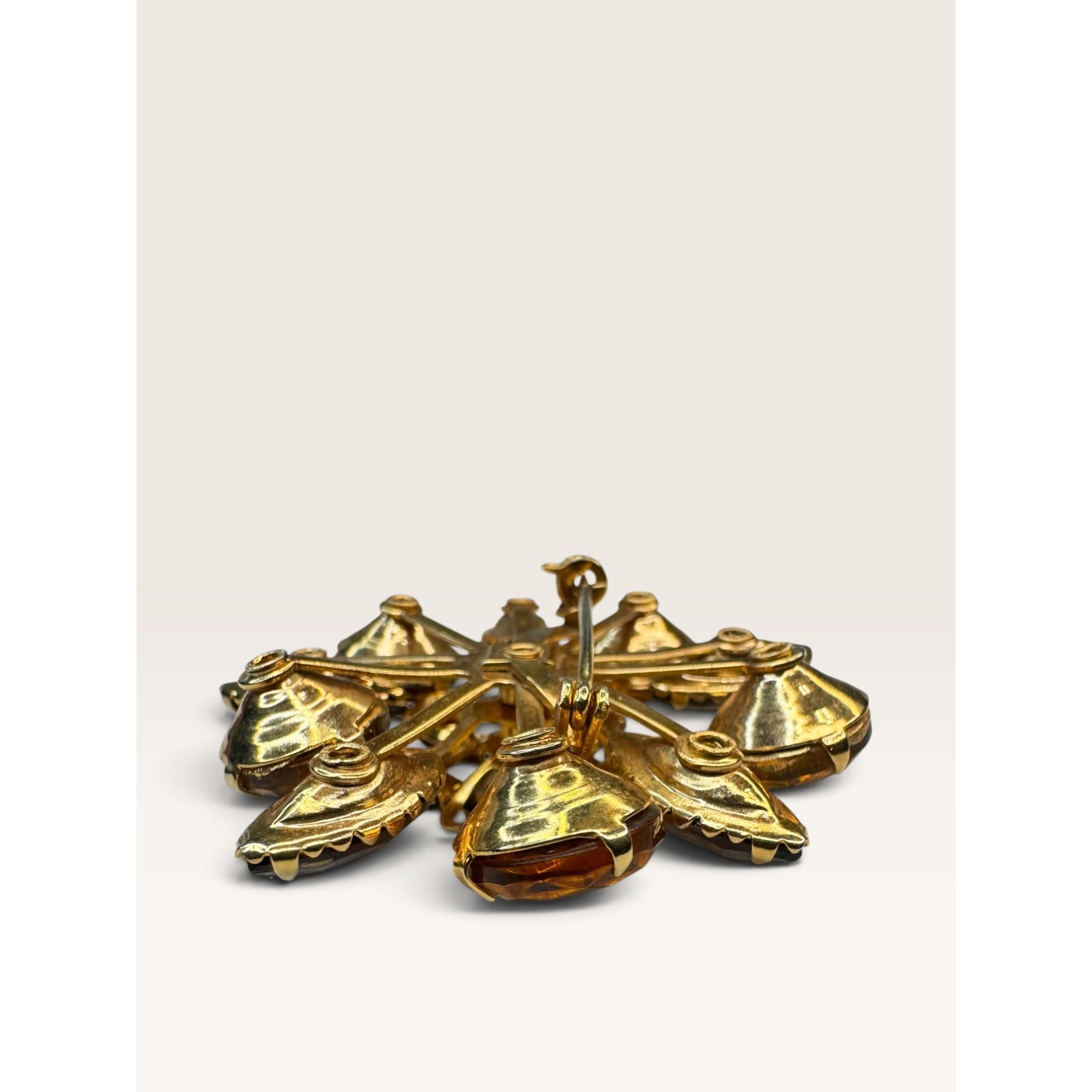 1950s Mid Century Flower Brooch Amber Topaz Rhinestone UV Reactive Glow 1.94"
