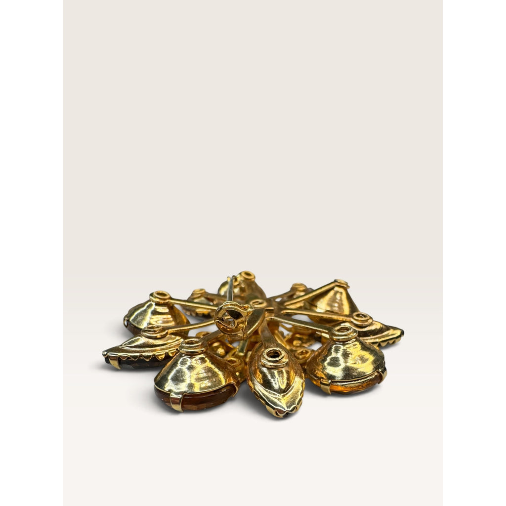 1950s Mid Century Flower Brooch Amber Topaz Rhinestone UV Reactive Glow 1.94"