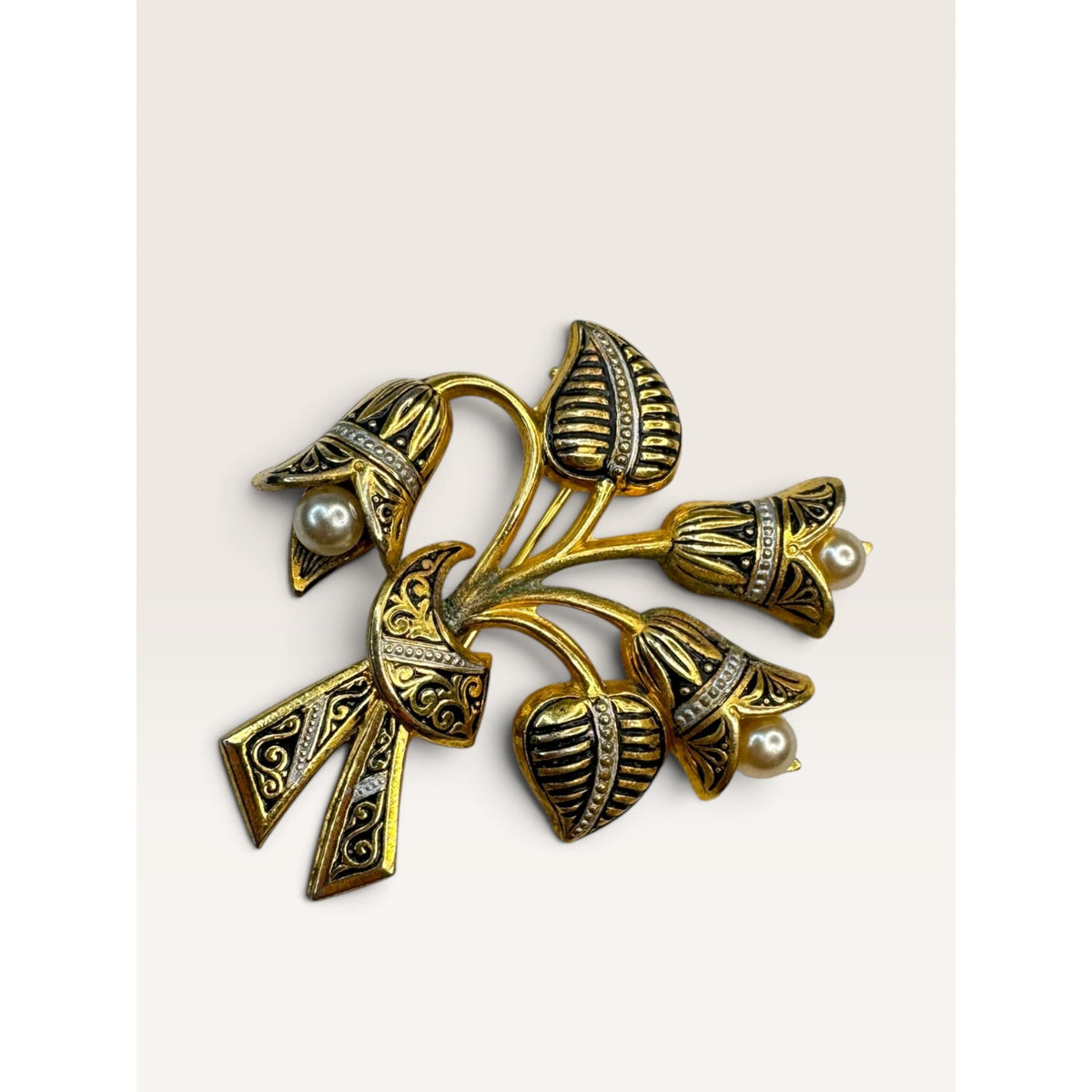 1960s Damascene Style Black Gold Faux Pearl Lily Flower Brooch Pin 1.6" Vintage