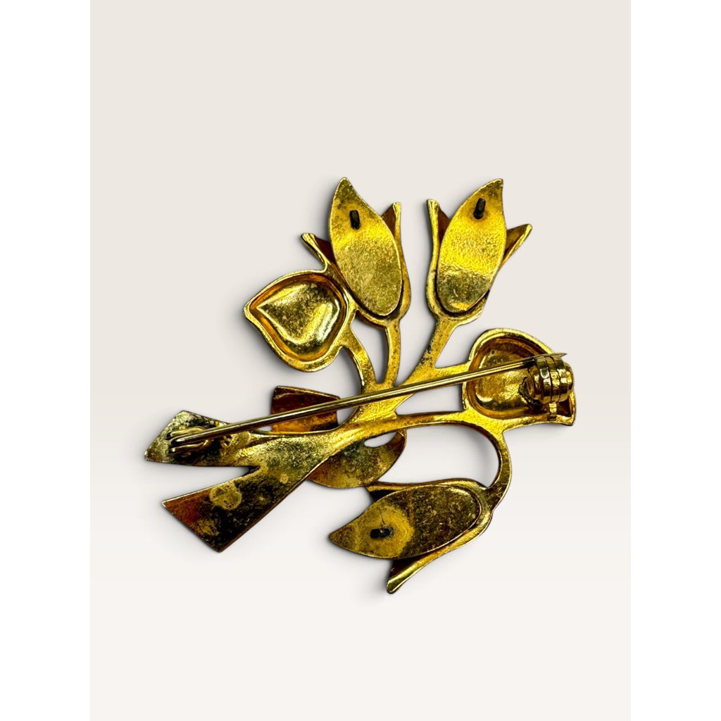 1960s Damascene Style Black Gold Faux Pearl Lily Flower Brooch Pin 1.6" Vintage