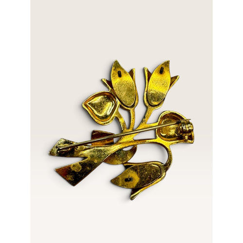 1960s Damascene Style Black Gold Faux Pearl Lily Flower Brooch Pin 1.6" Vintage