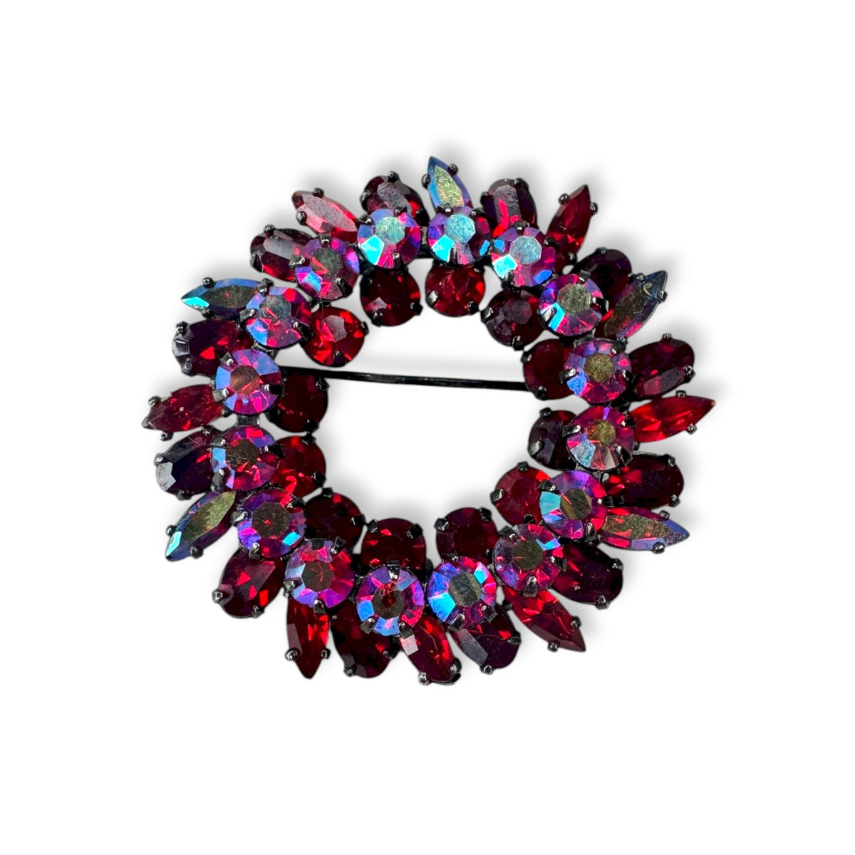 Sherman Vintage Siam Red AB Rhinestone Japanned Wreath Brooch Pin 1.61" Flaw