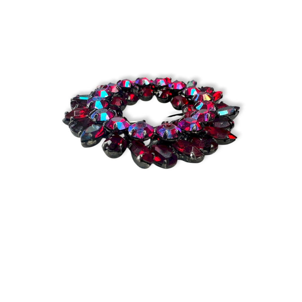 Sherman Vintage Siam Red AB Rhinestone Japanned Wreath Brooch Pin 1.61" Flaw