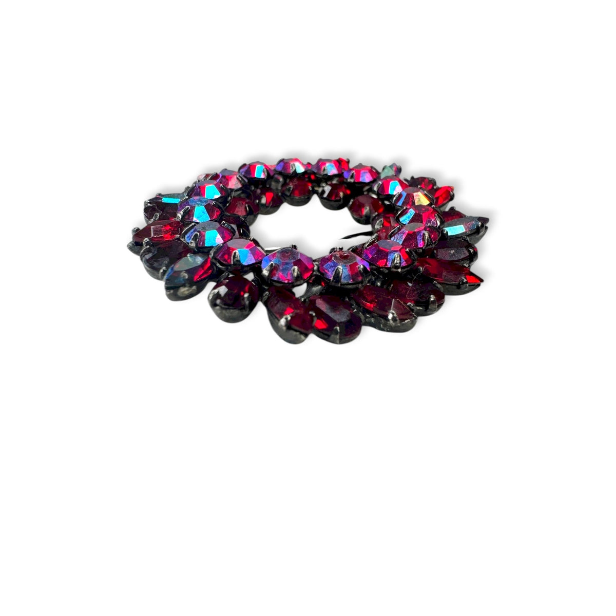 Sherman Vintage Siam Red AB Rhinestone Japanned Wreath Brooch Pin 1.61" Flaw