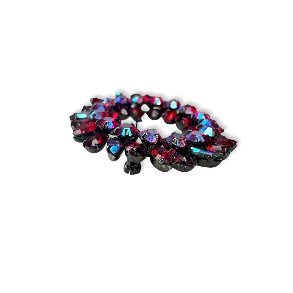 Sherman Vintage Siam Red AB Rhinestone Japanned Wreath Brooch Pin 1.61" Flaw