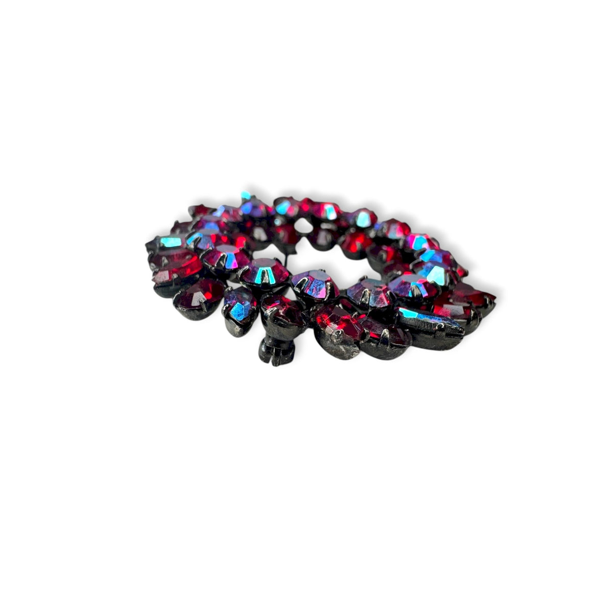 Sherman Vintage Siam Red AB Rhinestone Japanned Wreath Brooch Pin 1.61" Flaw