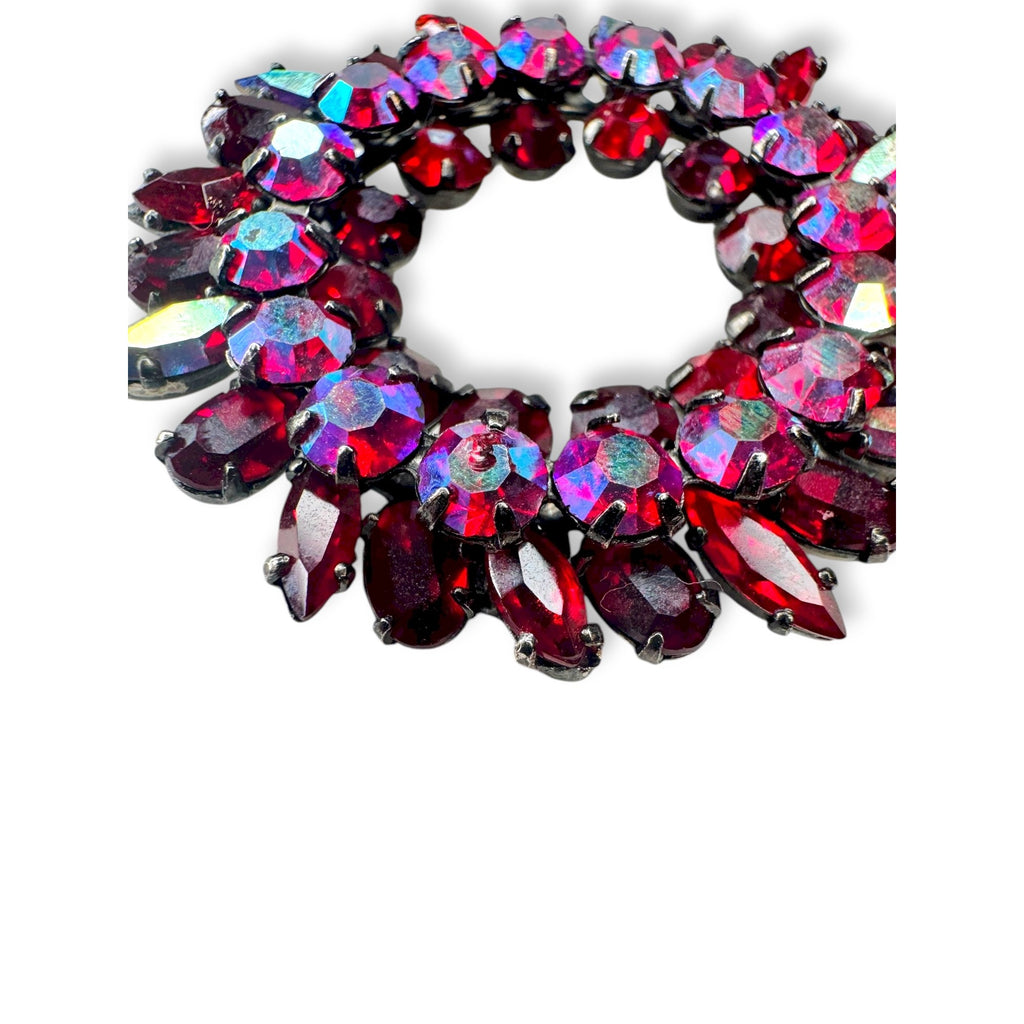 Sherman Vintage Siam Red AB Rhinestone Japanned Wreath Brooch Pin 1.61" Flaw