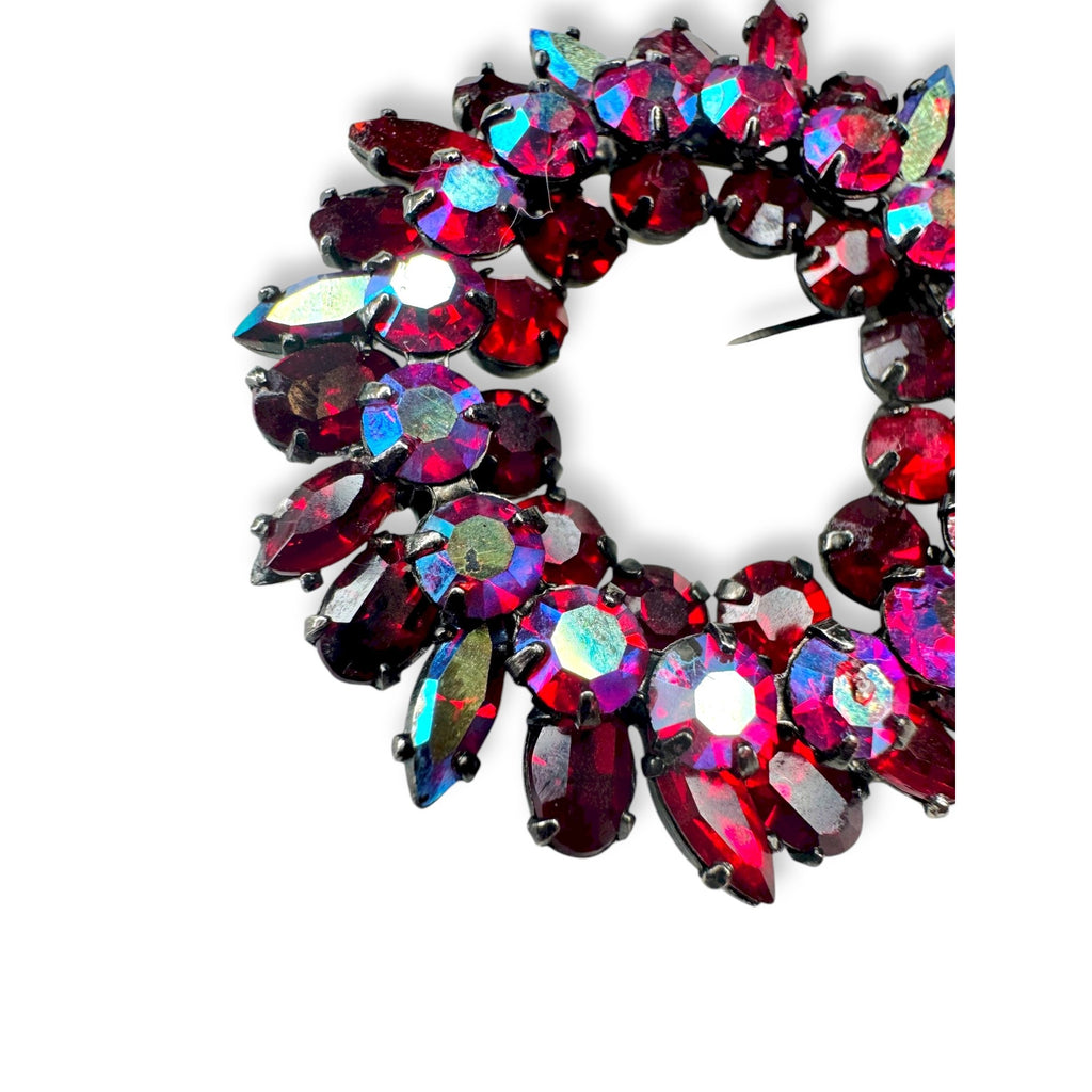Sherman Vintage Siam Red AB Rhinestone Japanned Wreath Brooch Pin 1.61" Flaw