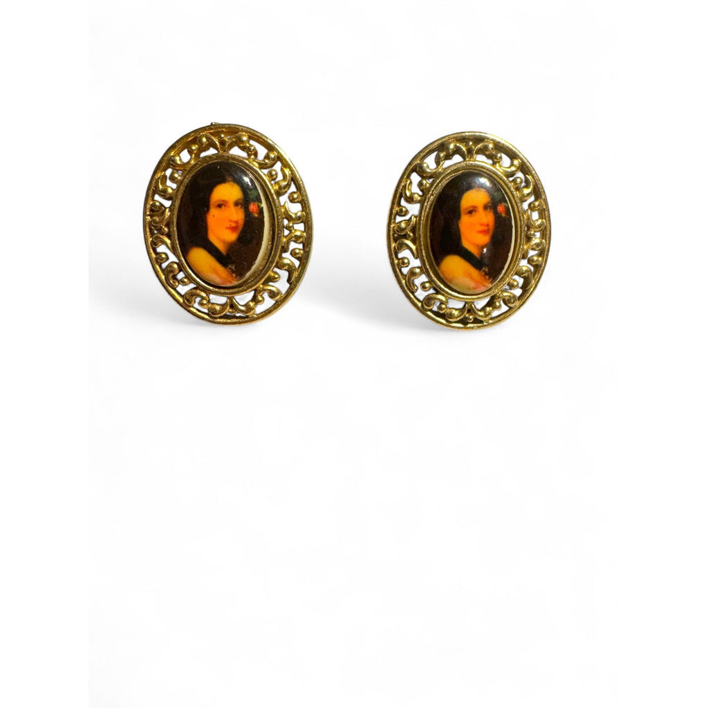 M. Jent Vintage Gold Tone Oval Ceramic Portrait Necklace Earrings Set