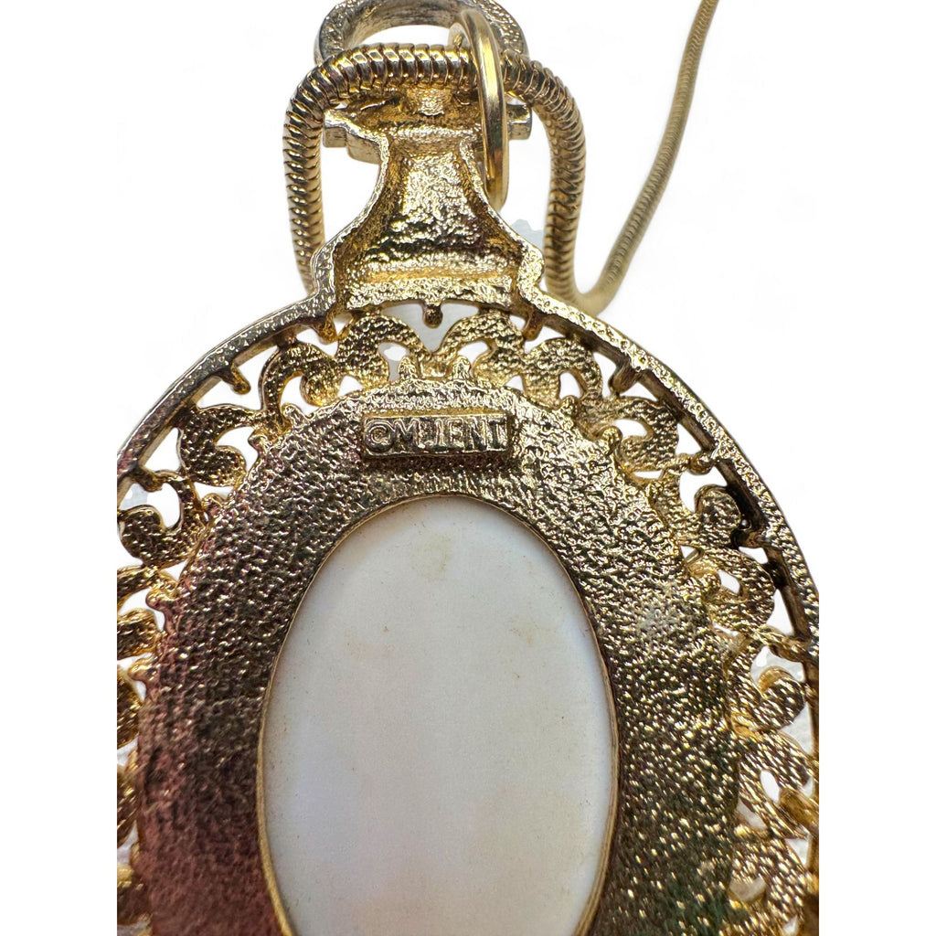 M. Jent Vintage Gold Tone Oval Ceramic Portrait Necklace Earrings Set