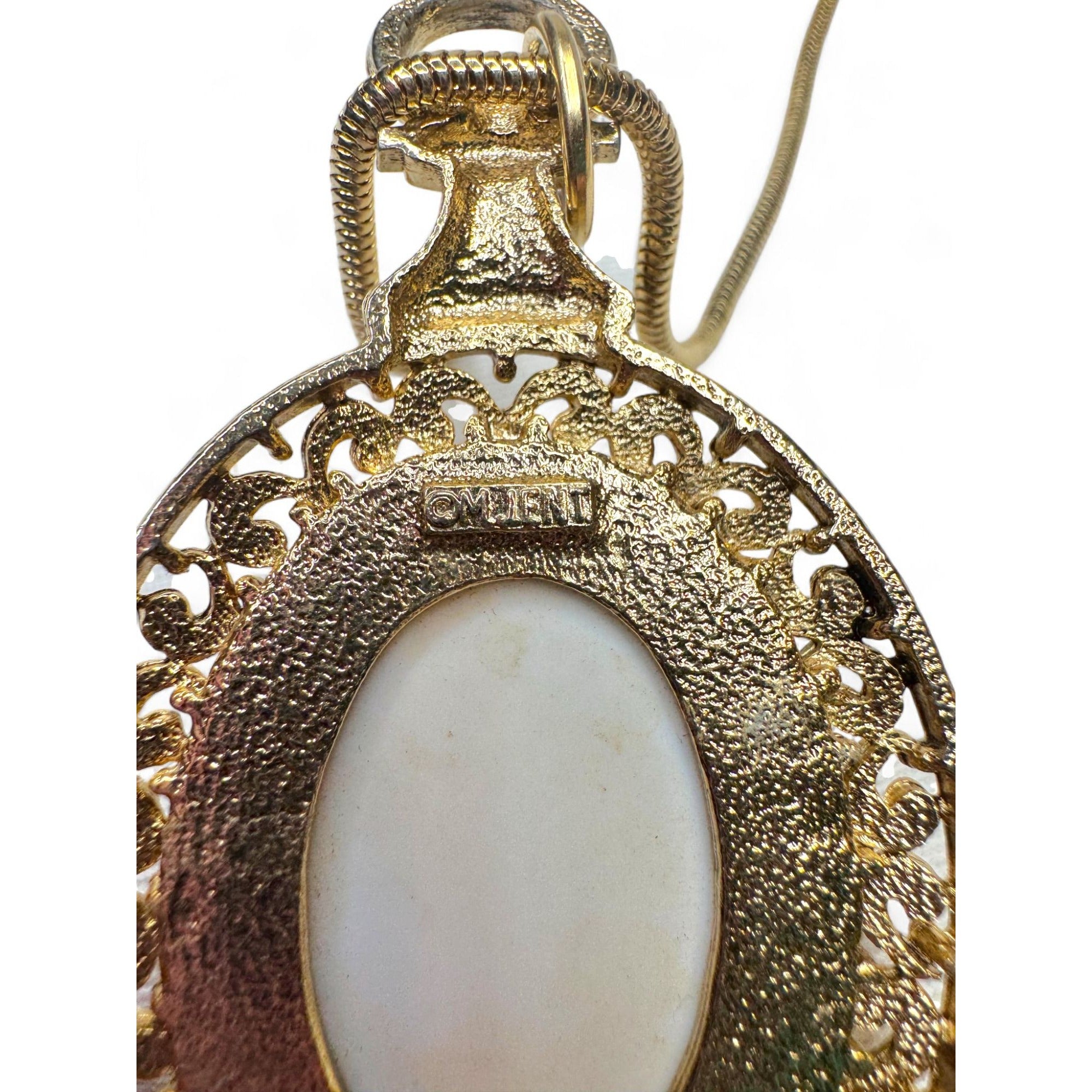 M. Jent Vintage Gold Tone Oval Ceramic Portrait Necklace Earrings Set