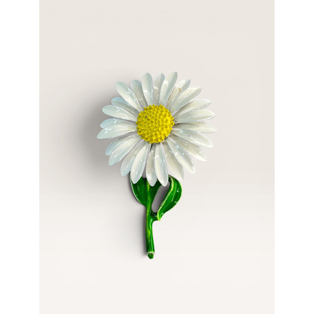 Enamel White Daisy Flower Brooch Pin Green Stem Yellow Center Vintage
