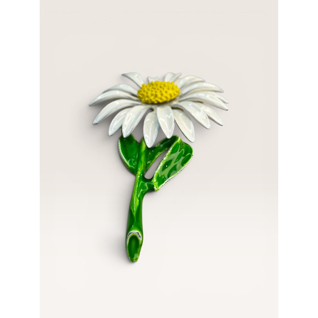 Enamel White Daisy Flower Brooch Pin Green Stem Yellow Center Vintage